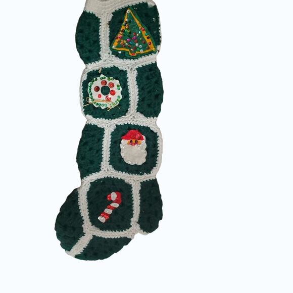 Vintage Handmade Crochet Christmas Granny Square Stocking Green Decorated - Picture 1 of 5